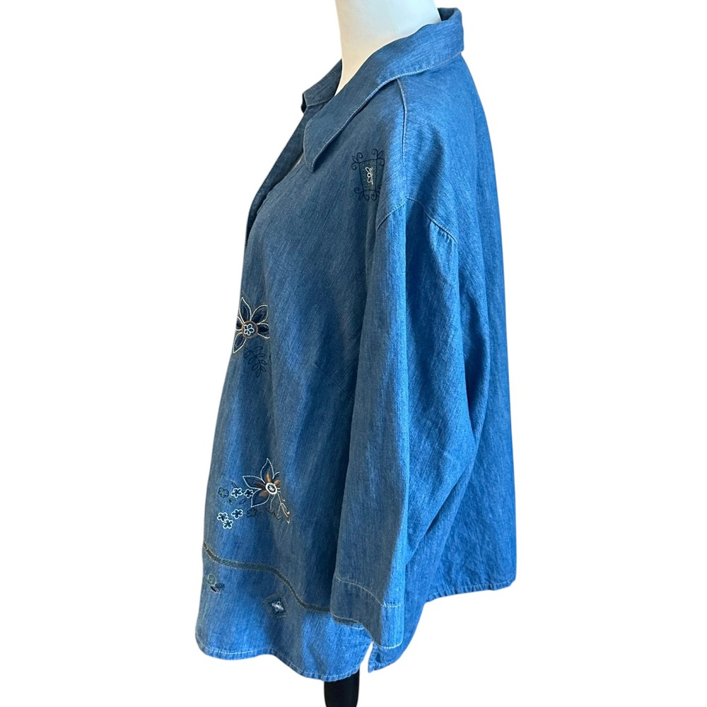 City Blues by Koret Denim Shirt‎ 3X Embroidered Flowers 3/4 Sleeve Button Up - Picture 3 of 12